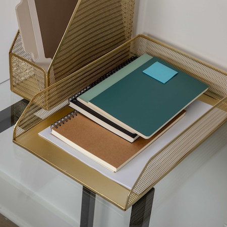 Martha Stewart Ryder 2 Pack Gold Mesh Metal Paper Letter Inbox Tray Desktop Organizer HH-OHD15-2-GLD-MS